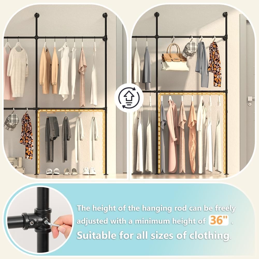 KELIXU Industrial Pipe Clothing Rack Height Adjustable Garment Rack for Hanging Clothes, Heavy Duty Iron Clothes Rack with Double Rods, Wall Mounted Walk in Closet Systems (Three, Black) — photo 3