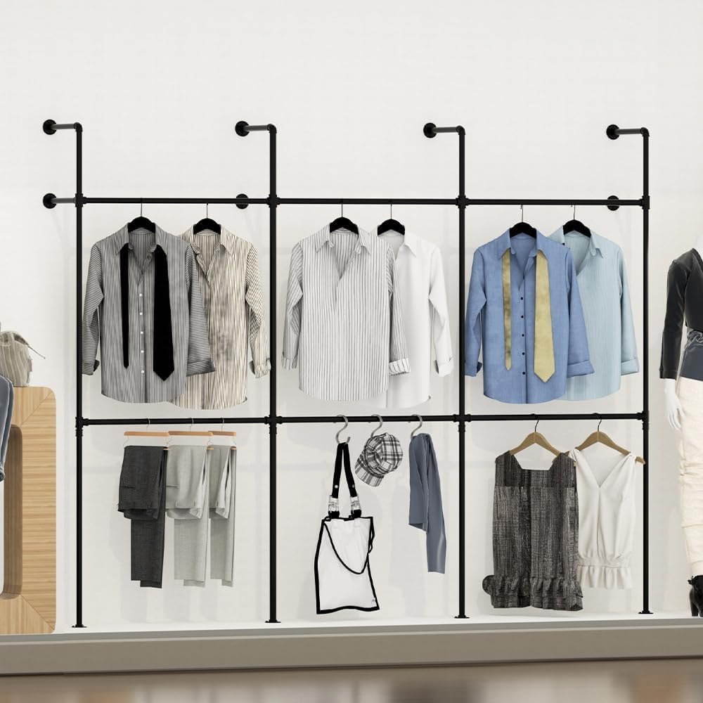 KELIXU Industrial Pipe Clothing Rack Height Adjustable Garment Rack for Hanging Clothes, Heavy Duty Iron Clothes Rack with Double Rods, Wall Mounted Walk in Closet Systems (Three, Black) — photo 6
