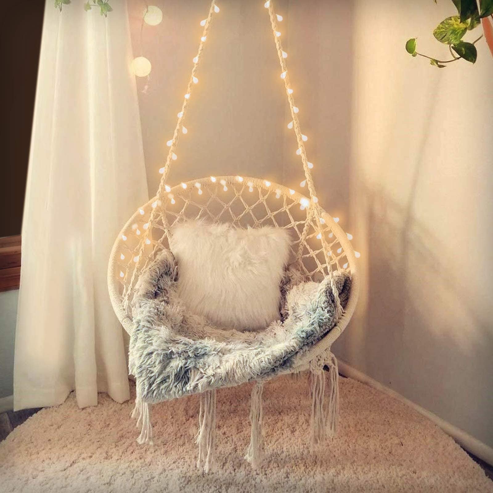 Hanging Chair for Bedroom Hammock Chair Swing with Lights and Hardware Kits Holds Up to 550Lbs Macrame Swing Chair Hanging Cotton Rope Swing Chair for Bedroom, Patio, Deck, Garden and Porch- KASHAN