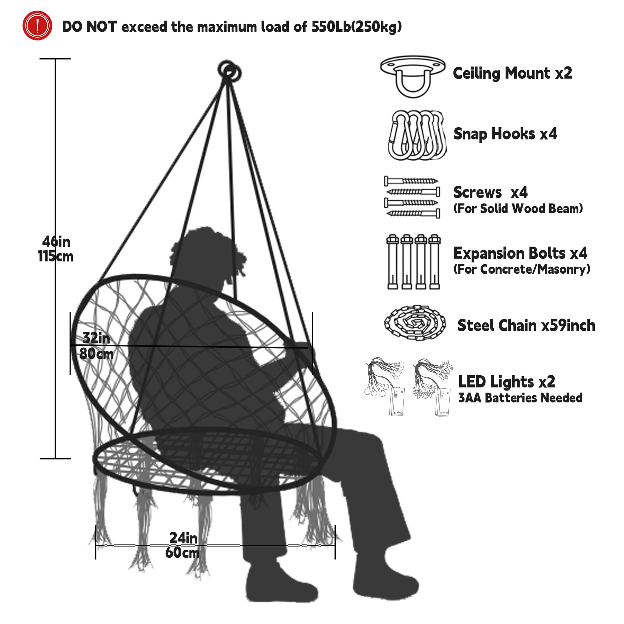 Hanging Chair for Bedroom Hammock Chair Swing with Lights and Hardware Kits Holds Up to 550Lbs Macrame Swing Chair Hanging Cotton Rope Swing Chair for Bedroom, Patio, Deck, Garden and Porch- KASHAN — photo 2