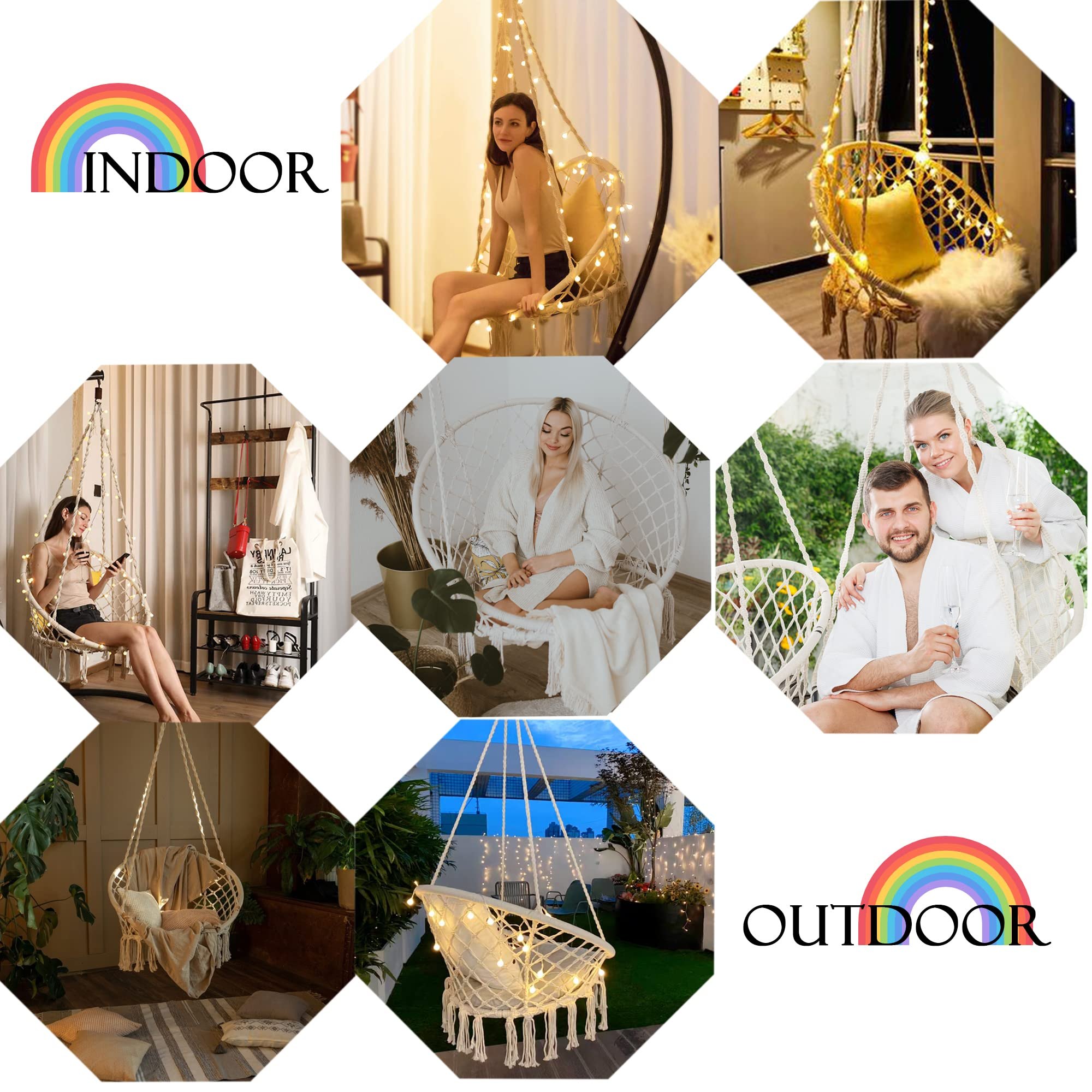 Hanging Chair for Bedroom Hammock Chair Swing with Lights and Hardware Kits Holds Up to 550Lbs Macrame Swing Chair Hanging Cotton Rope Swing Chair for Bedroom, Patio, Deck, Garden and Porch- KASHAN — photo 6