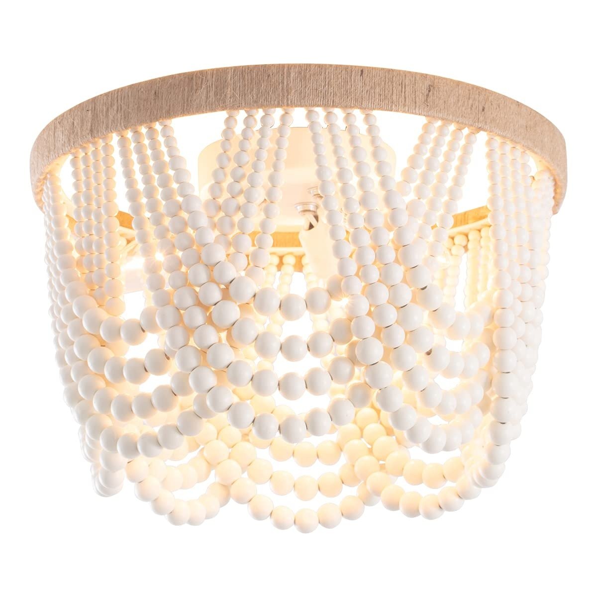 VILUXY Bohemia Wood Beaded Flush Mount Ceiling Light Antique Rustic Mini Chandelier White Finishing for Bedroom,Nursery Room, Girl Room, Hallway, Entryway, Passway, Dining Room, 3-Light PM