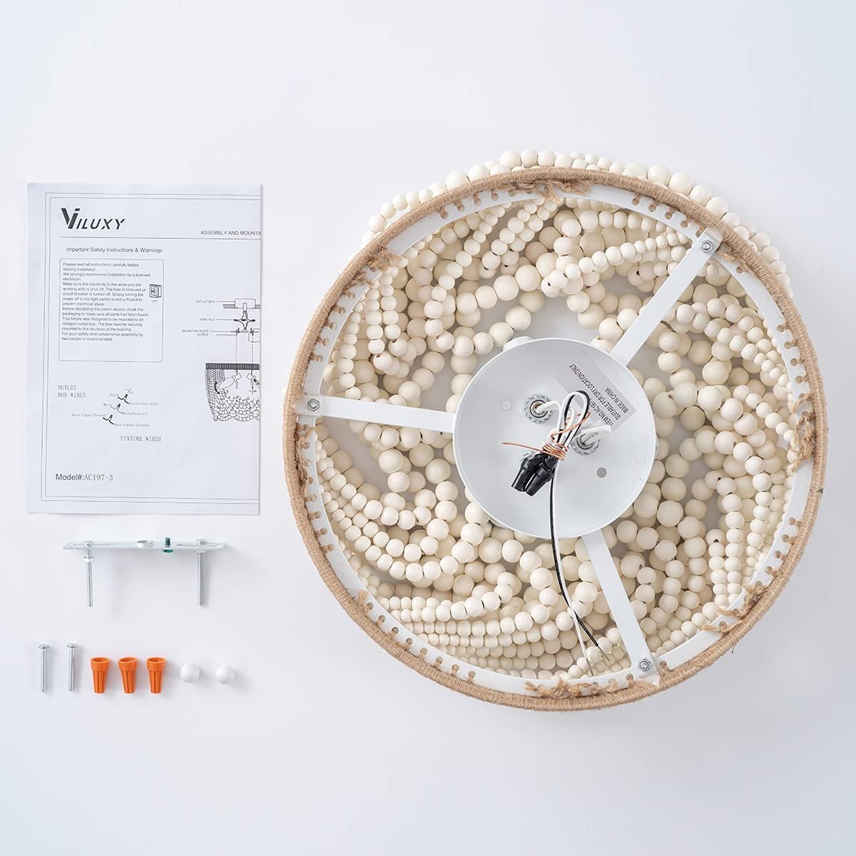 VILUXY Bohemia Wood Beaded Flush Mount Ceiling Light Antique Rustic Mini Chandelier White Finishing for Bedroom,Nursery Room, Girl Room, Hallway, Entryway, Passway, Dining Room, 3-Light PM — photo 3