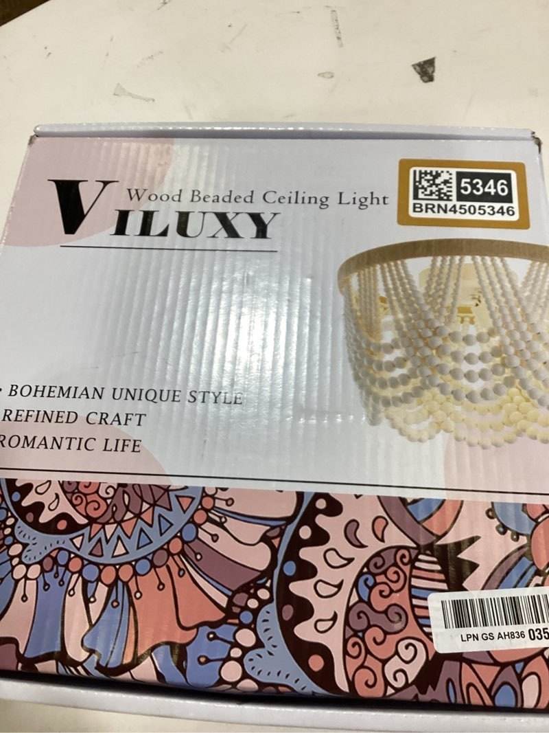 VILUXY Bohemia Wood Beaded Flush Mount Ceiling Light Antique Rustic Mini Chandelier White Finishing for Bedroom,Nursery Room, Girl Room, Hallway, Entryway, Passway, Dining Room, 3-Light PM — photo 5