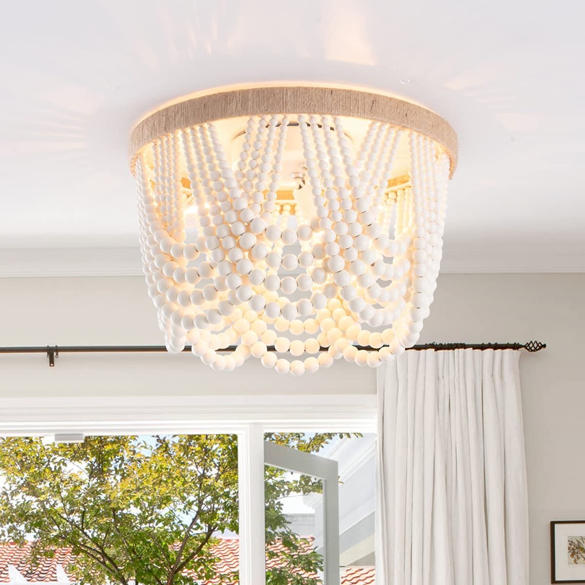 VILUXY Bohemia Wood Beaded Flush Mount Ceiling Light Antique Rustic Mini Chandelier White Finishing for Bedroom,Nursery Room, Girl Room, Hallway, Entryway, Passway, Dining Room, 3-Light PM — photo 6