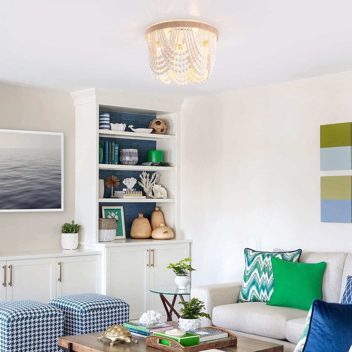 VILUXY Bohemia Wood Beaded Flush Mount Ceiling Light Antique Rustic Mini Chandelier White Finishing for Bedroom,Nursery Room, Girl Room, Hallway, Entryway, Passway, Dining Room, 3-Light PM — photo 8