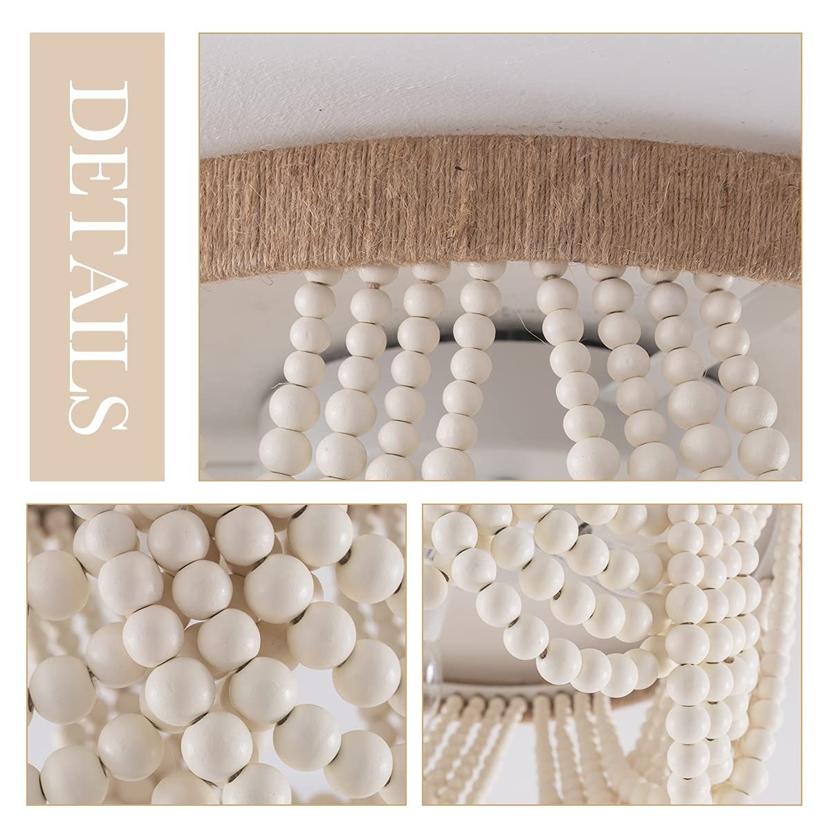 VILUXY Bohemia Wood Beaded Flush Mount Ceiling Light Antique Rustic Mini Chandelier White Finishing for Bedroom,Nursery Room, Girl Room, Hallway, Entryway, Passway, Dining Room, 3-Light PM — photo 9