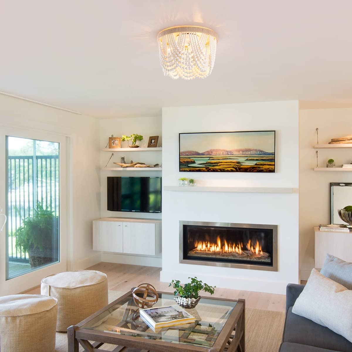 VILUXY Bohemia Wood Beaded Flush Mount Ceiling Light Antique Rustic Mini Chandelier White Finishing for Bedroom,Nursery Room, Girl Room, Hallway, Entryway, Passway, Dining Room, 3-Light PM — photo 11