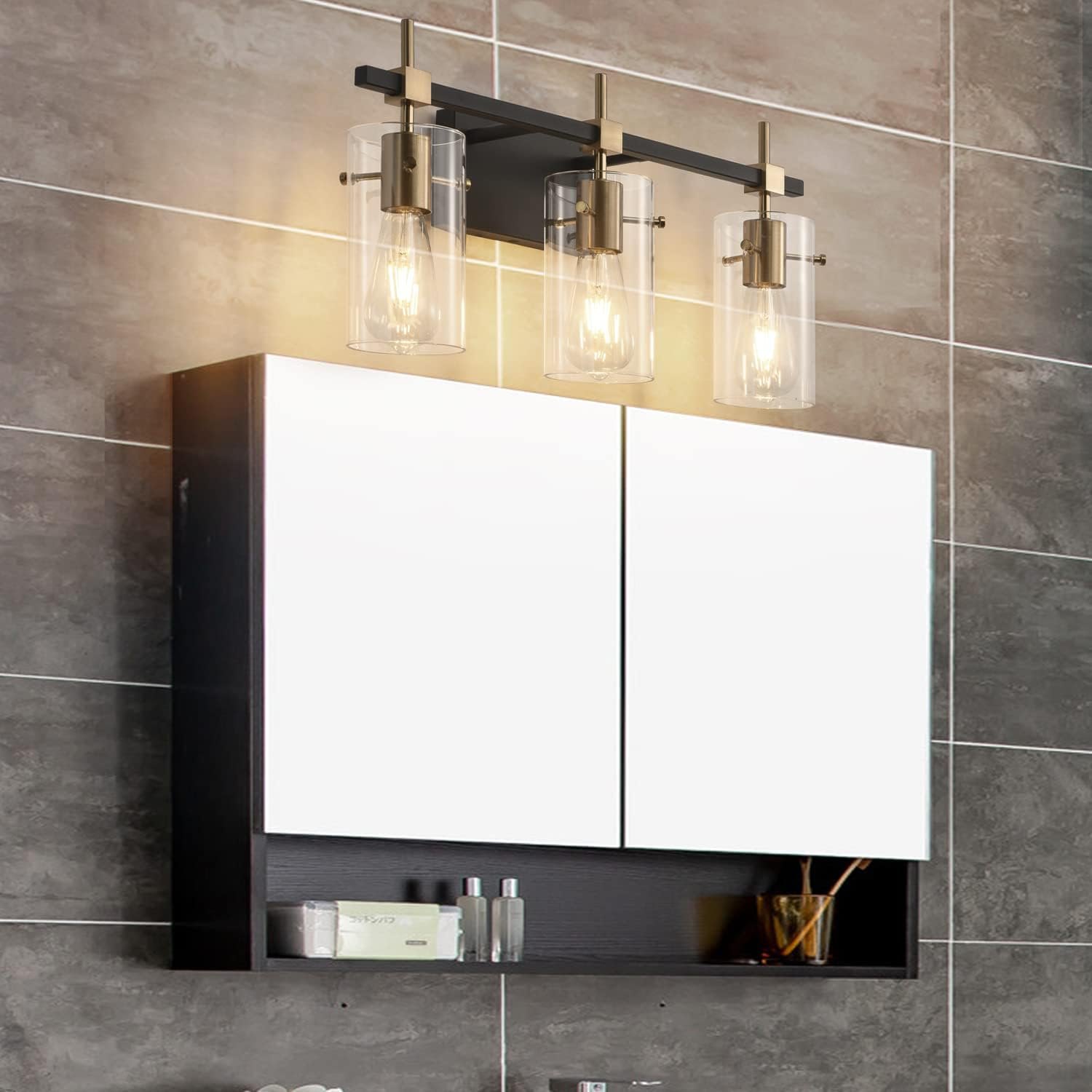SOLFART Vintage Vanity Lights Bathroom Light Fixture Over Mirror for Bath Glass Shade Light Black and Brass Modern Style 3 Lights Black& Golden 3 Lights Item Location: NSH-13-09-03 — photo 6