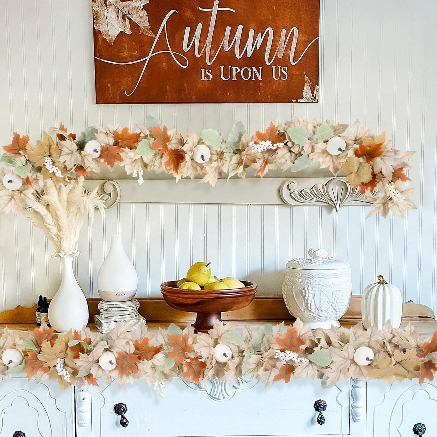 Neutral Fall Garland for Mantle Fireplace - 6 Pack Toatal 54Ft Outdoor Autumn Leaves Decor for Home Front Door with Pumpkins Indoor Maple for Farmhouse Stairs Porch Halloween Thanksgiving Decorations 9Ft 6 — photo 3