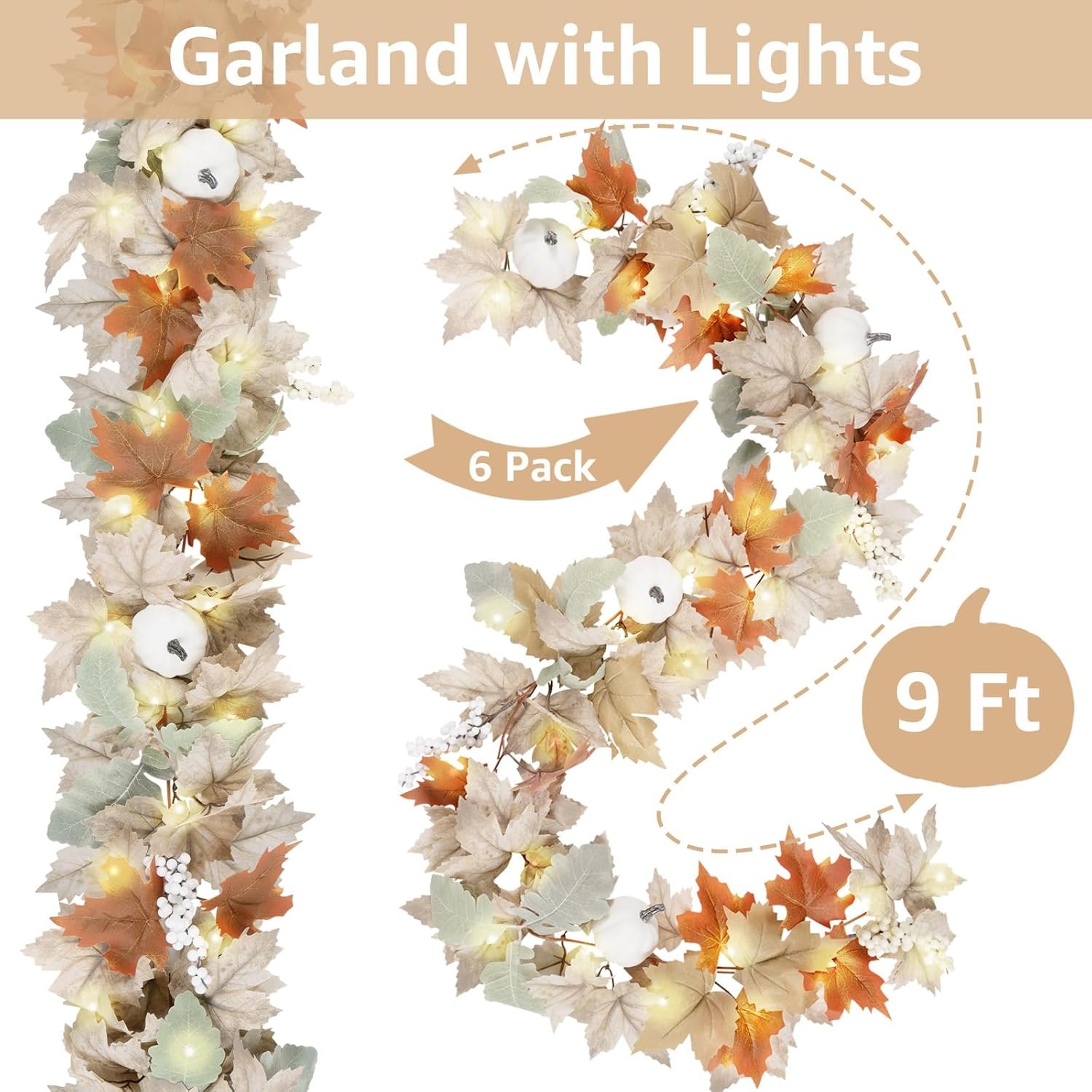 Neutral Fall Garland for Mantle Fireplace - 6 Pack Toatal 54Ft Outdoor Autumn Leaves Decor for Home Front Door with Pumpkins Indoor Maple for Farmhouse Stairs Porch Halloween Thanksgiving Decorations 9Ft 6 — photo 5