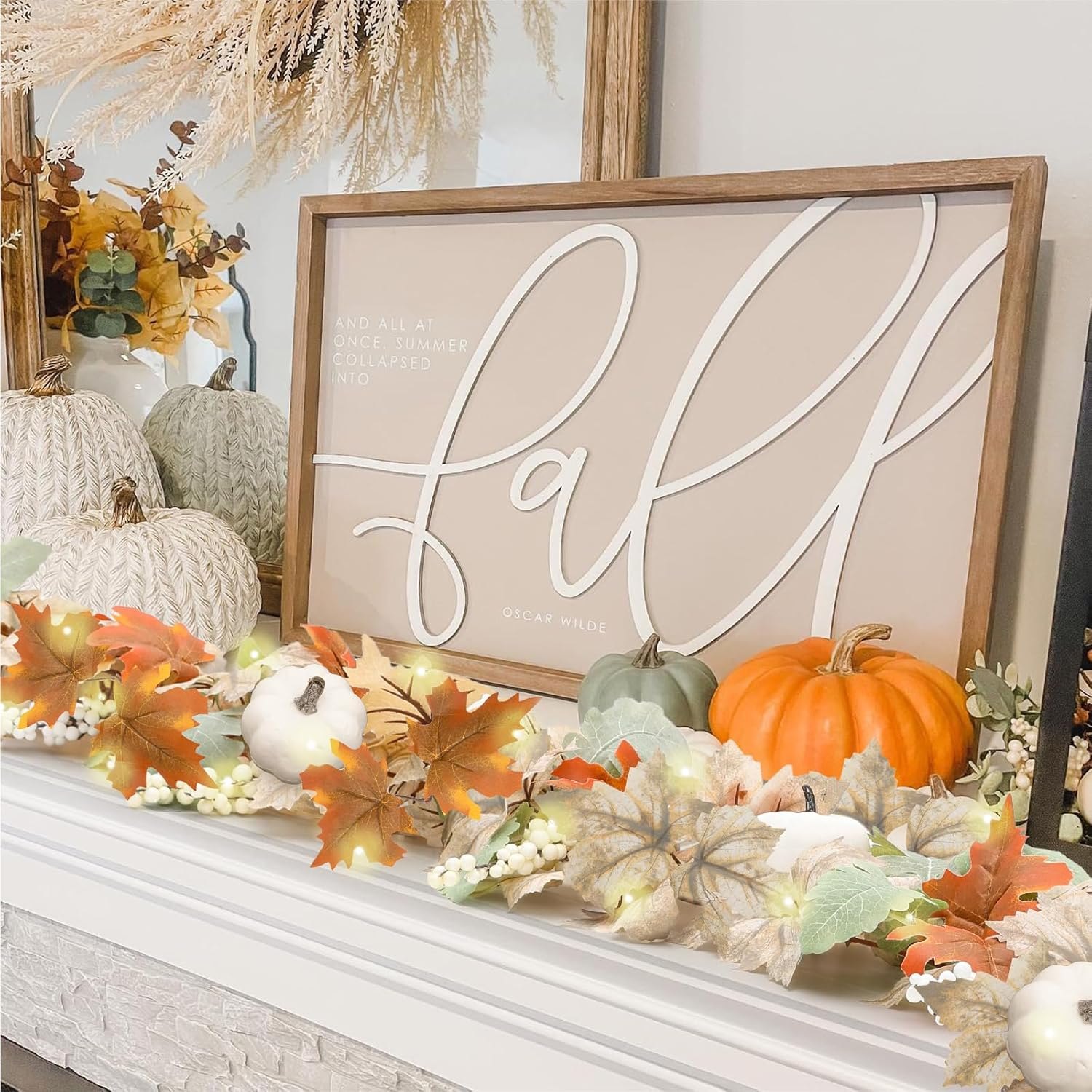 Neutral Fall Garland for Mantle Fireplace - 6 Pack Toatal 54Ft Outdoor Autumn Leaves Decor for Home Front Door with Pumpkins Indoor Maple for Farmhouse Stairs Porch Halloween Thanksgiving Decorations 9Ft 6 — photo 6