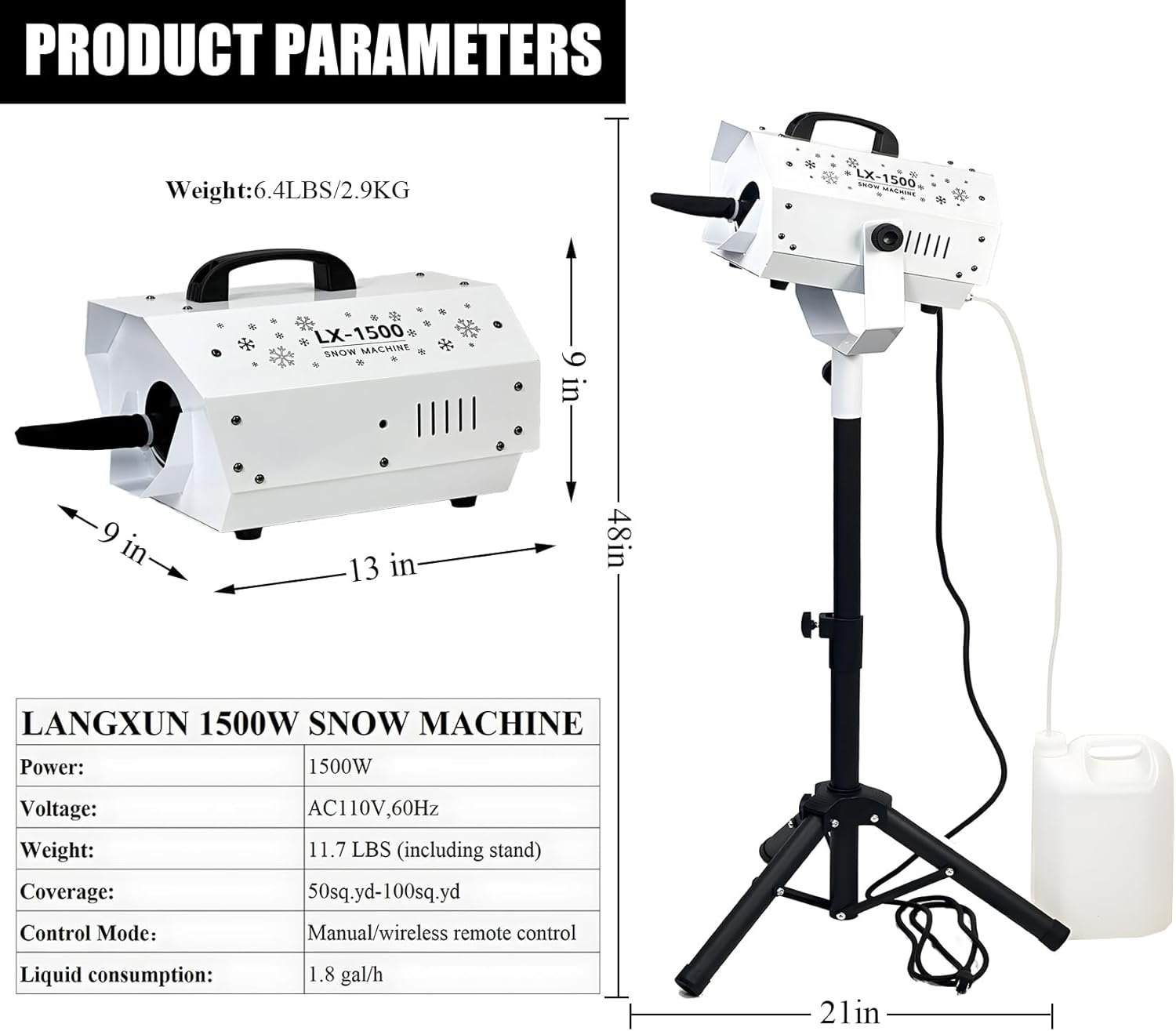 LANGXUN 1500W Snow Machine with Manual & Wireless Remote Control | Large Output Snowmaking Machine for Indoor & Outdoors | Adjustable Snowflake Size | Perfect for Christmas, Weddings, and Parties — photo 6