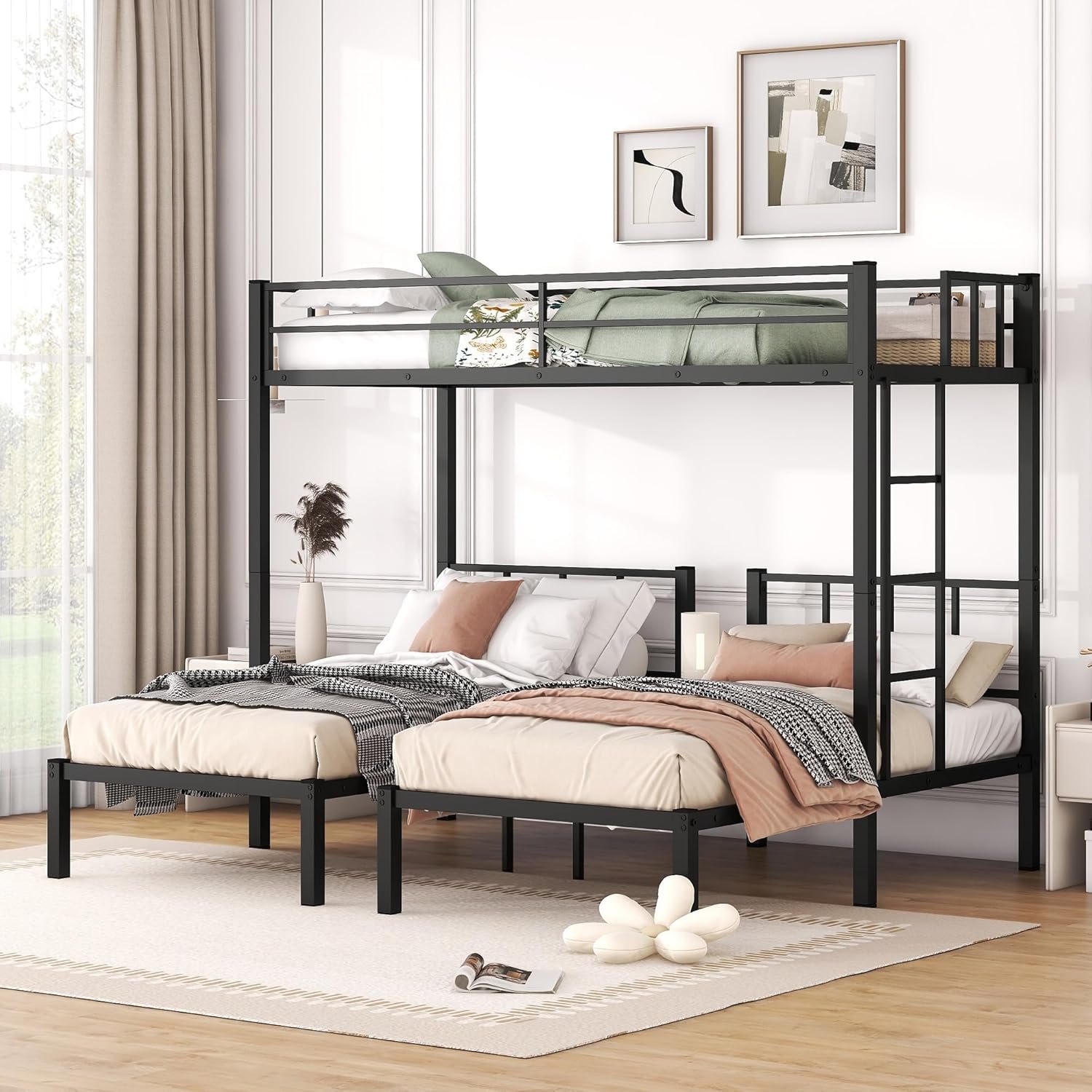 Twin Over Twin Over Twin Triple Bunk Bed for Kids,3 Bed Bunk Beds for 3,Metal Triple Bunk Beds with Built-in Desk,Separates Into 3 Twin Beds,Noise Reduced Structure,Black Black Shelf Twin over Twin over Twin