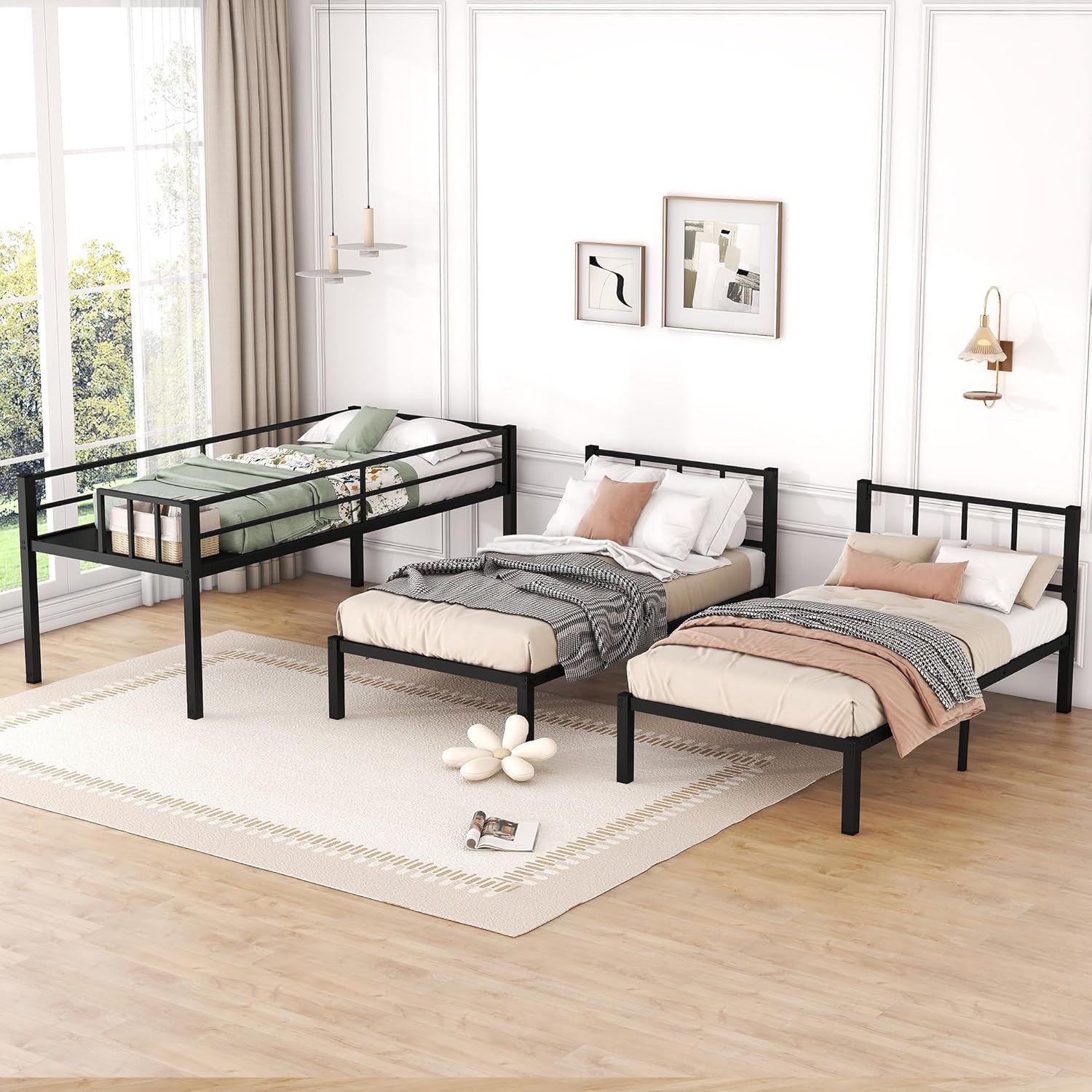 Twin Over Twin Over Twin Triple Bunk Bed for Kids,3 Bed Bunk Beds for 3,Metal Triple Bunk Beds with Built-in Desk,Separates Into 3 Twin Beds,Noise Reduced Structure,Black Black Shelf Twin over Twin over Twin — photo 4