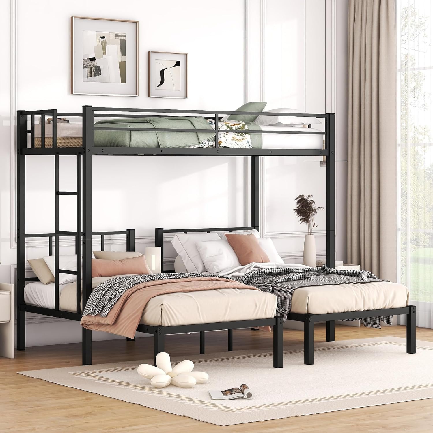 Twin Over Twin Over Twin Triple Bunk Bed for Kids,3 Bed Bunk Beds for 3,Metal Triple Bunk Beds with Built-in Desk,Separates Into 3 Twin Beds,Noise Reduced Structure,Black Black Shelf Twin over Twin over Twin — photo 5