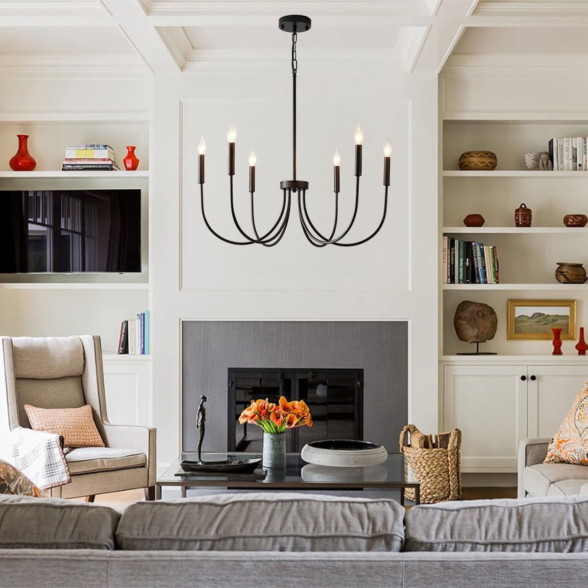 Black Chandelier Light Fixture,Dining Room Light Fixture,Black Farmhouse Matte Black Chandelier,6 Light for Living Room 26.5in-Black-Basic — photo 4