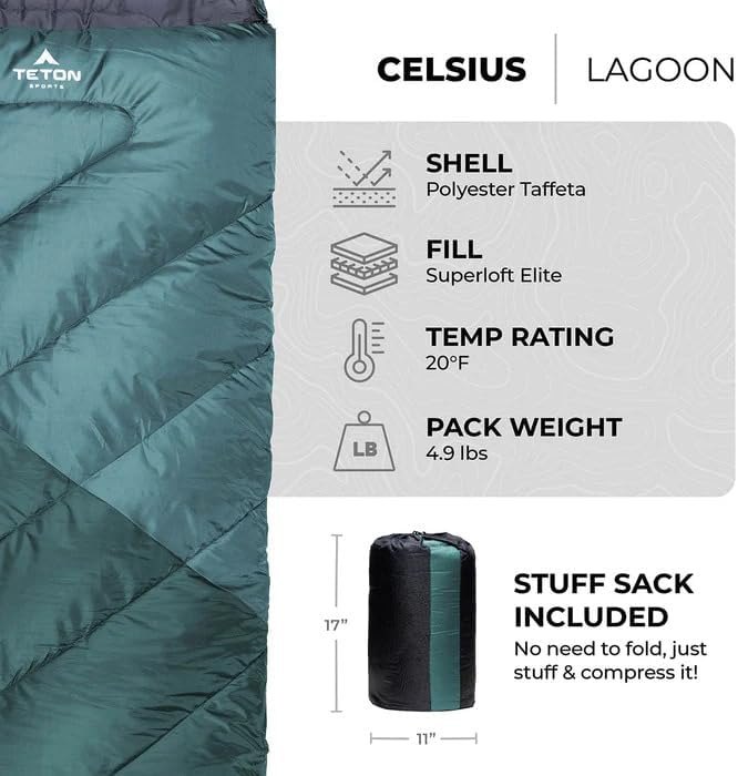 Teton Celsius Regular, -25F, 20F, 0F Degree Sleeping Bags, All Weather Bag for Adults and Kids, Camping Made Easy and Warm, Travel Sack Included Lagoon Regular 20f — photo 3