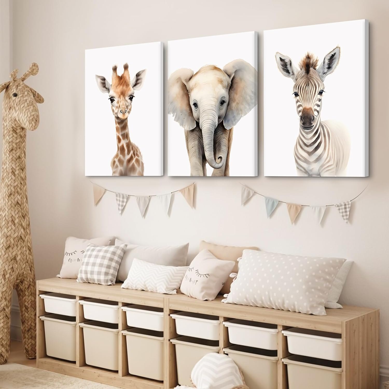 Lhoiplme Nursery Animal Wall Art Safari Baby Wall Decor Boy Room Nursery Canvas Prints Jungle Animal Art Pictures Kids Cute Safari Poster for Girl Bedroom 16x24 Inch Wrapped Canvas Set of 3 16x24 Inch Wrapped Canvas Elephant Giraffe Prints — photo 3