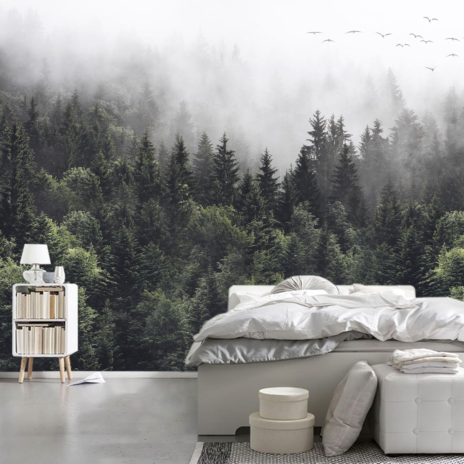 WFBHUA-Foggy Forest Woodland Wallpaper Green Nature Landscapes Wall Murals for Bedroom Living Room(Not Peel and Stick) Art Wall-12 106" x 70"
