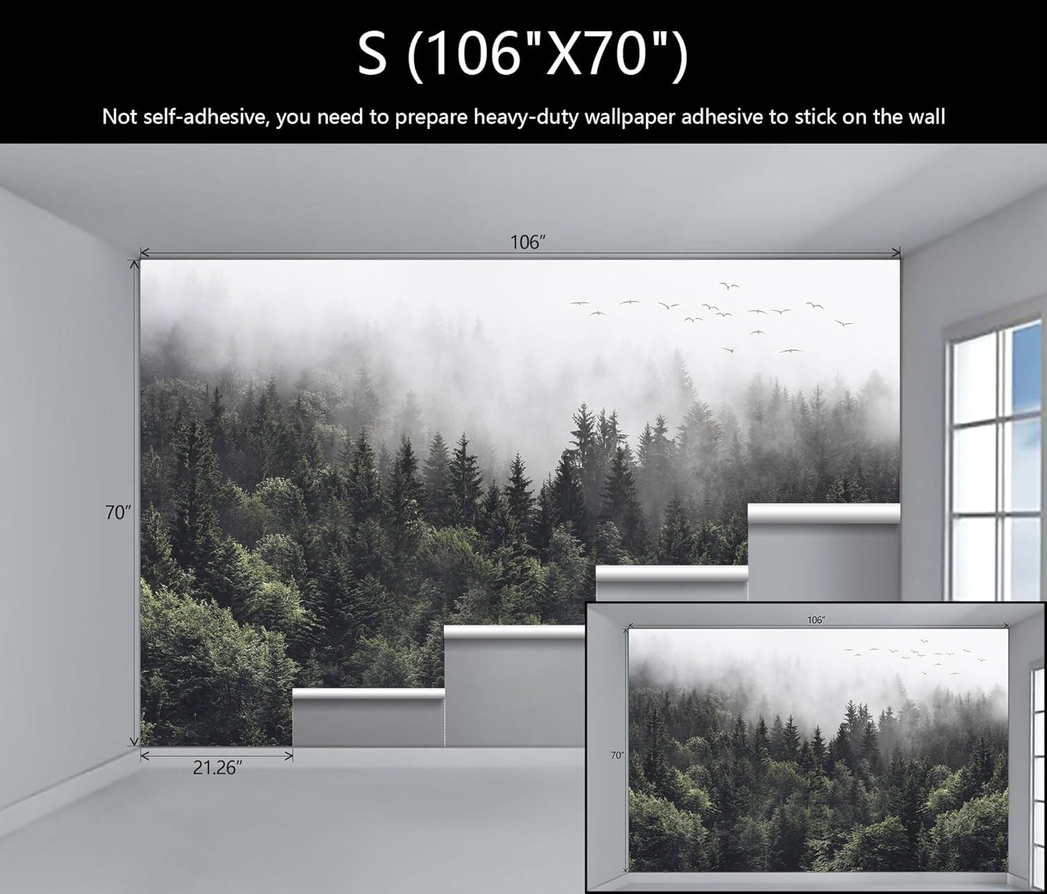 WFBHUA-Foggy Forest Woodland Wallpaper Green Nature Landscapes Wall Murals for Bedroom Living Room(Not Peel and Stick) Art Wall-12 106" x 70" — photo 4