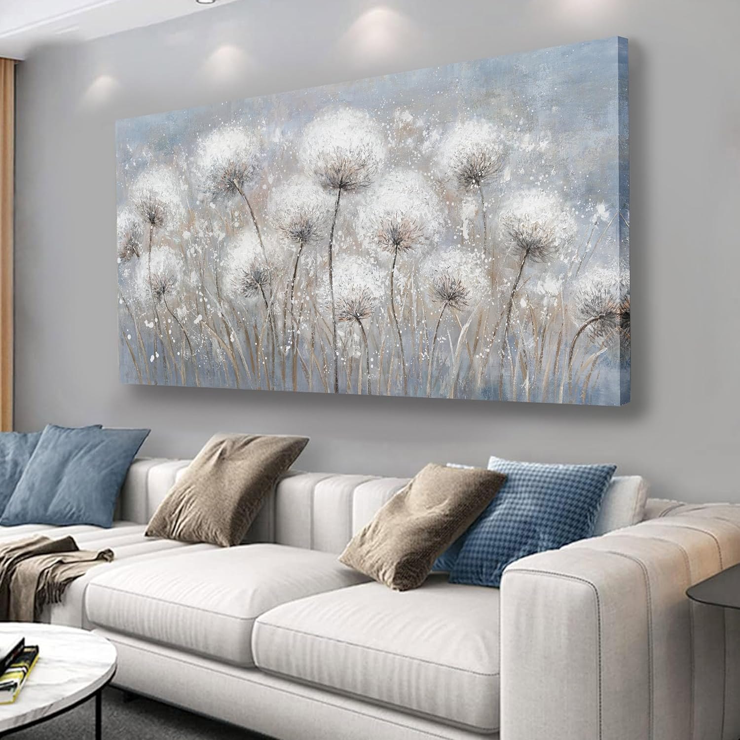 Belmrxne Floral Canvas Wall Art White Wall Decor Aesthetic Artwork Dandelion Canvas Painting for Living Room Bedroom Dining Room Office Home Decor 20x40 inch 20"x40" White and Grey