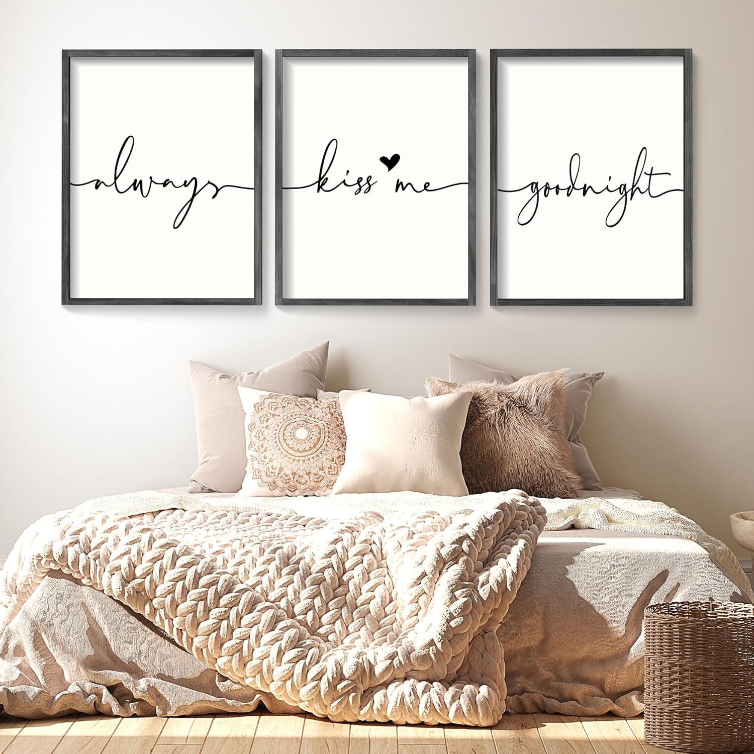 Set of 3 Framed Always Kiss Me Goodnight Sign 11"x14" Living Room Wall Decor for Farmhouse Rustic Home Wall Art Wood Signs 11"x14" Black