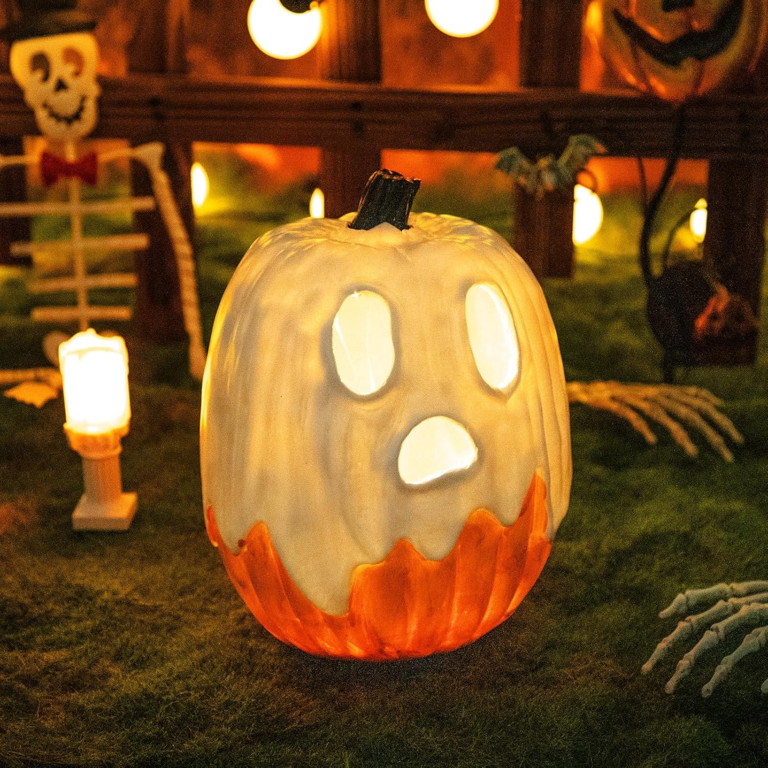 Halloween Decorations - Unique 3 Tiers Stacked Resin Jack-O-Lantern Pumpkin Pathway Solar Lights for Outdoor Garden Yard Porch Front Door (Ghost Pumpkin) Item Location: NSH-13-20-03 — photo 4