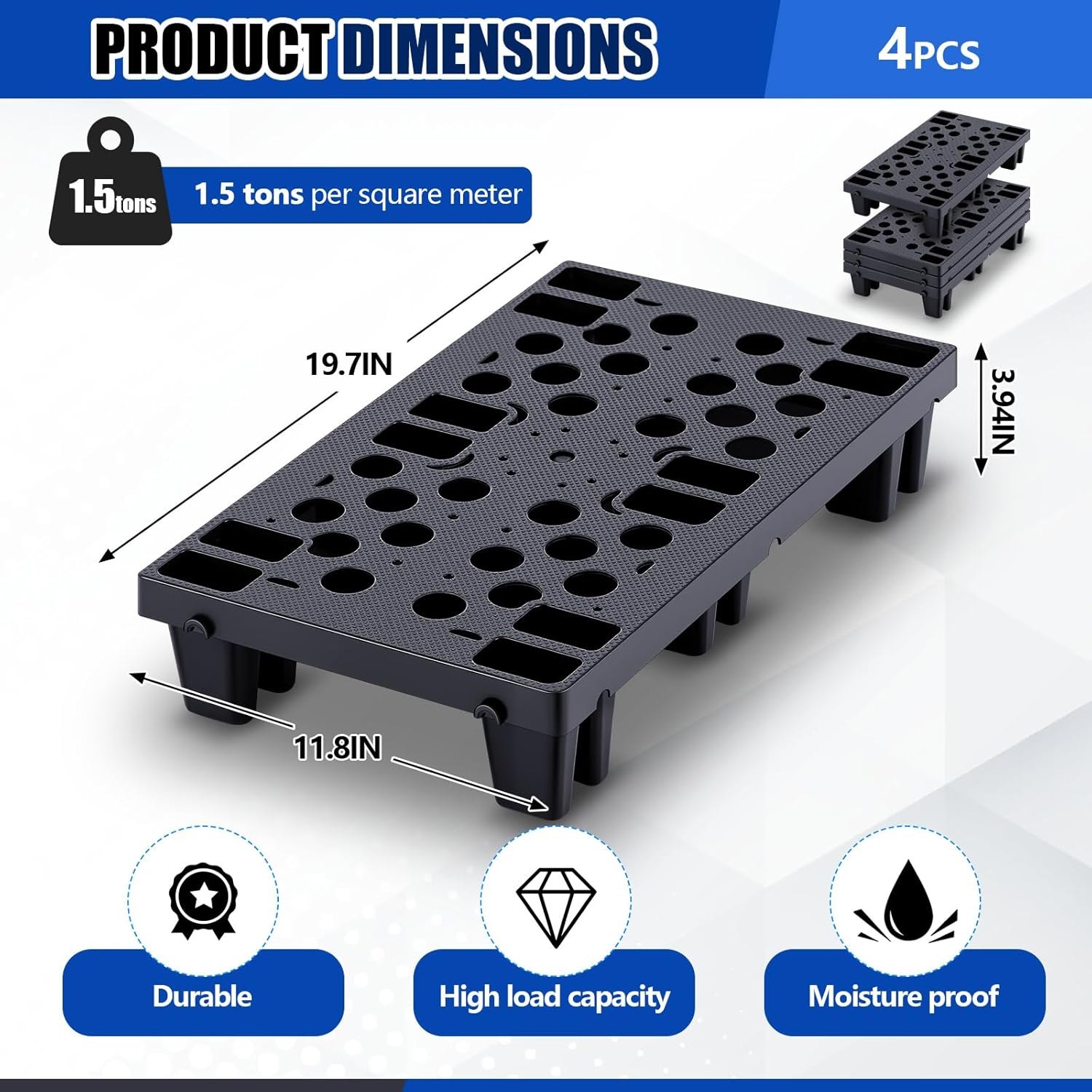 4 Pcs Plastic Pallets for Basement Storage Nestable Moisture Waterproof Lightweight Floor Pallets with Breathable Grid for Indoor Outdoor Supermarket Warehouse (19.6 x 11.8 x 3.9 Inch,Black) 19.6 x 11.8 x 3.9 Inch Black 4 — photo 2