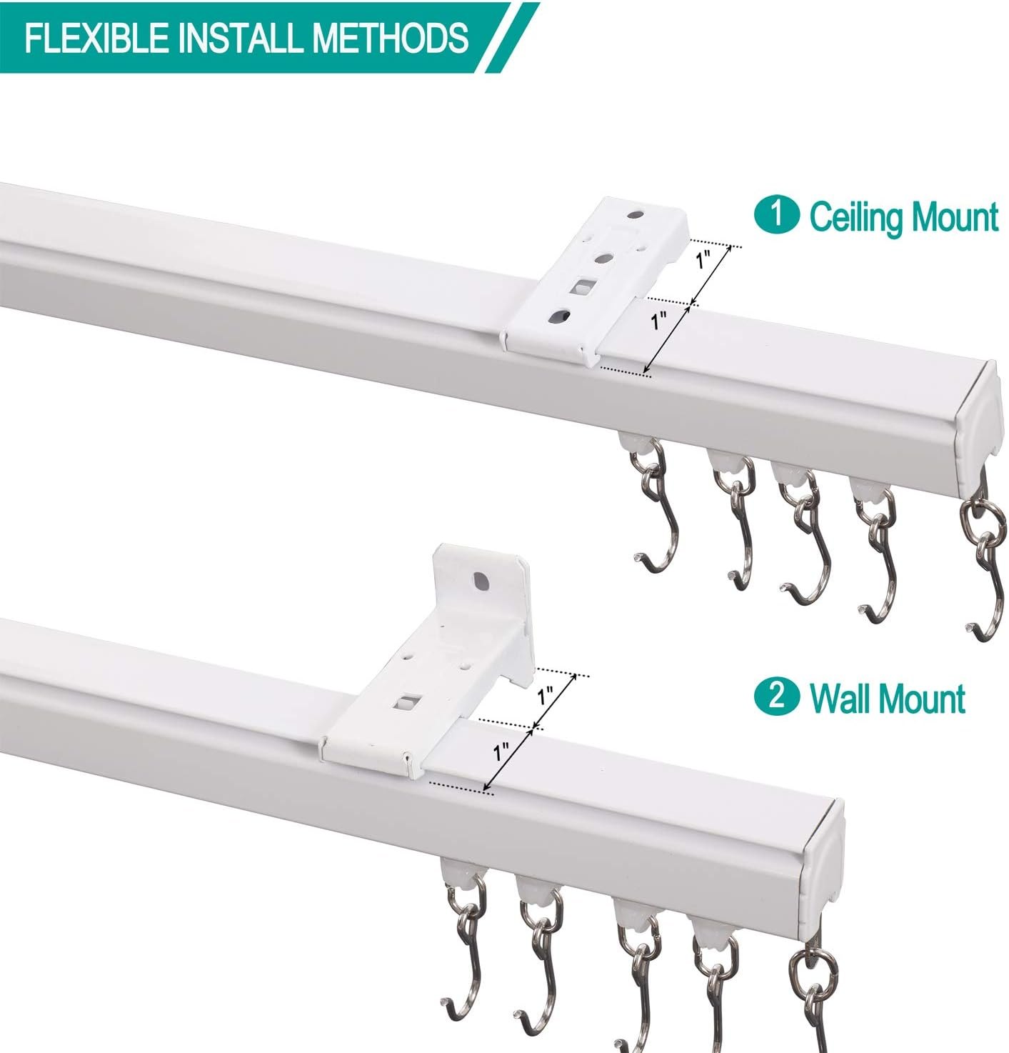 ChadMade Ceiling Track Kit with Hooks, Wall Mount Curtain Track, x-Large Size for Space 12ft - 18ft Wide, Single Window Rods Work with Grommet and Pinch Pleated Curtain 12-18ft (144-216in) — photo 3