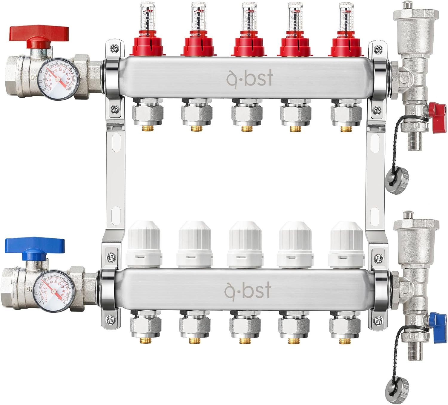 ABST PEX Manifold,5 Loop Stainless Steel Floor Radiant Heat Manifold Kit with 1/2" Adapters Included for Hydronic Radiant Floor Heating 5-Loop
