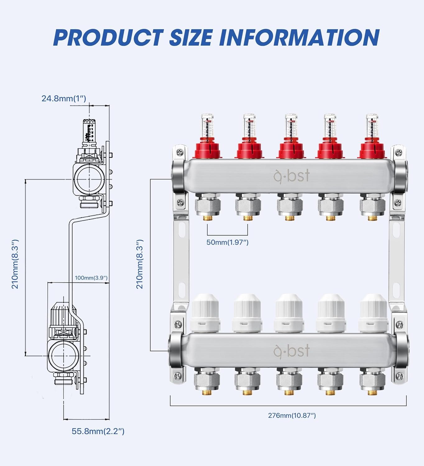 ABST PEX Manifold,5 Loop Stainless Steel Floor Radiant Heat Manifold Kit with 1/2" Adapters Included for Hydronic Radiant Floor Heating 5-Loop — photo 5