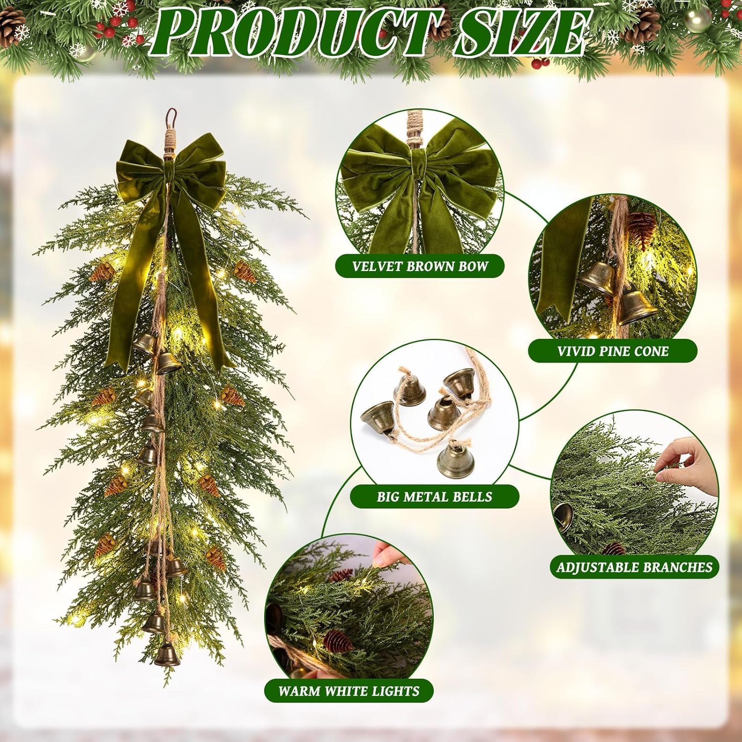 Hungdao 2 Pack 36" Large Christmas Teardrop Swag with Lights Velvet Bell Bow and Faux Pine Cones Rustic Christmas Artificial Greenery Cedar Swag Wreath for Xmas Farmhouse Home Wall Decor(Green) — photo 6