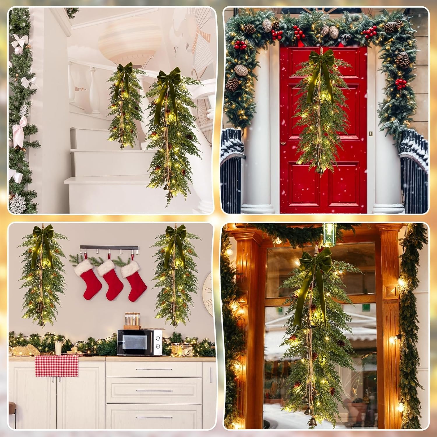 Hungdao 2 Pack 36" Large Christmas Teardrop Swag with Lights Velvet Bell Bow and Faux Pine Cones Rustic Christmas Artificial Greenery Cedar Swag Wreath for Xmas Farmhouse Home Wall Decor(Green) — photo 8