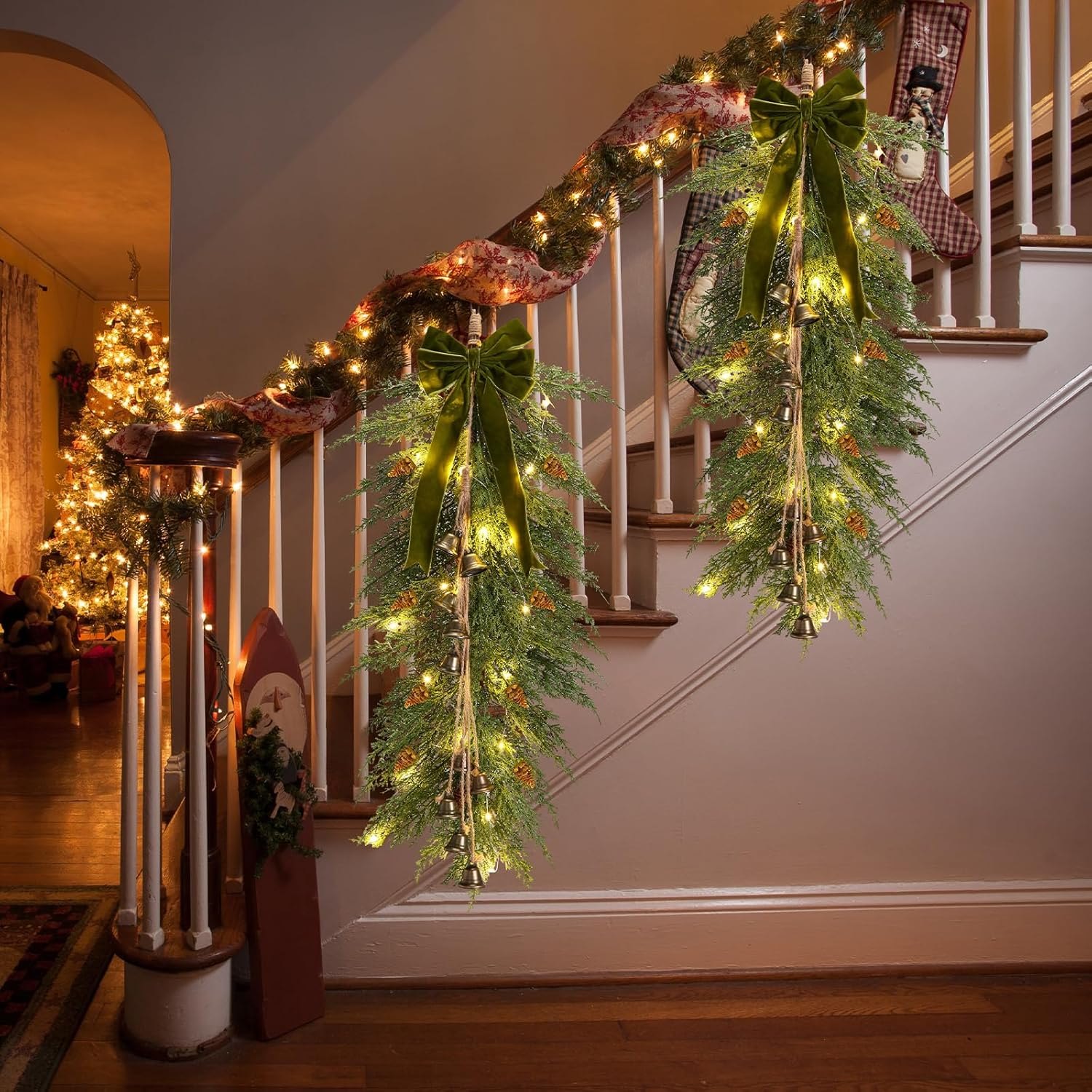 Hungdao 2 Pack 36" Large Christmas Teardrop Swag with Lights Velvet Bell Bow and Faux Pine Cones Rustic Christmas Artificial Greenery Cedar Swag Wreath for Xmas Farmhouse Home Wall Decor(Green) — photo 9