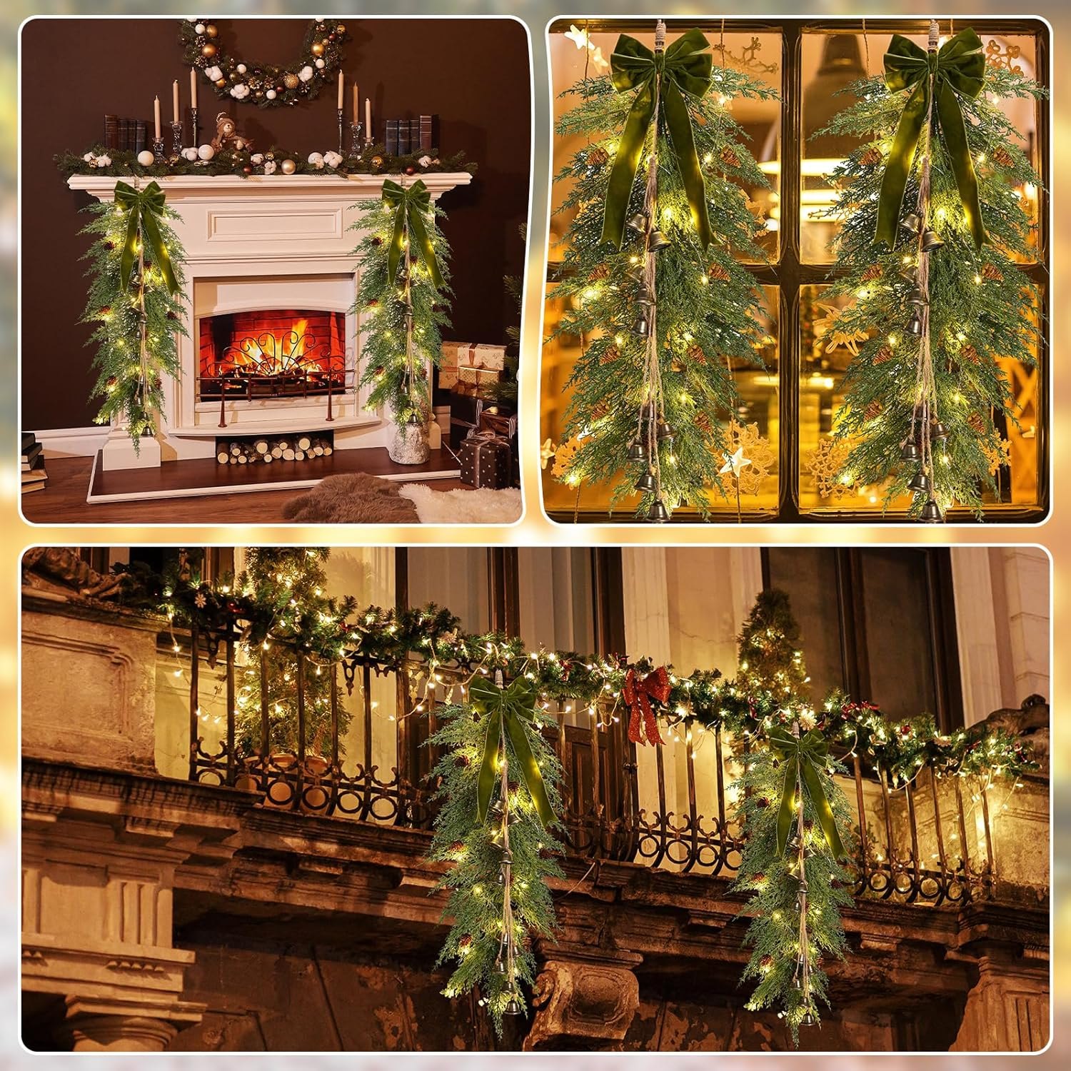 Hungdao 2 Pack 36" Large Christmas Teardrop Swag with Lights Velvet Bell Bow and Faux Pine Cones Rustic Christmas Artificial Greenery Cedar Swag Wreath for Xmas Farmhouse Home Wall Decor(Green) — photo 11