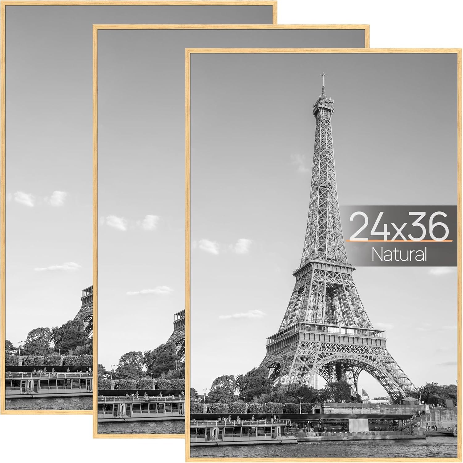 upsimples 24x36 Poster Frame Natural 3 Pack, Scratch-Proof Picture Frames 24 x 36 for Photo Gallery - Slide-In Strips, Horizontal or Vertical Wall Mounting Natural 24"L x 36"W
