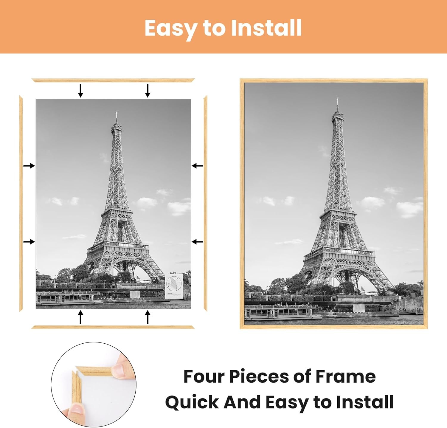 upsimples 24x36 Poster Frame Natural 3 Pack, Scratch-Proof Picture Frames 24 x 36 for Photo Gallery - Slide-In Strips, Horizontal or Vertical Wall Mounting Natural 24"L x 36"W — photo 9
