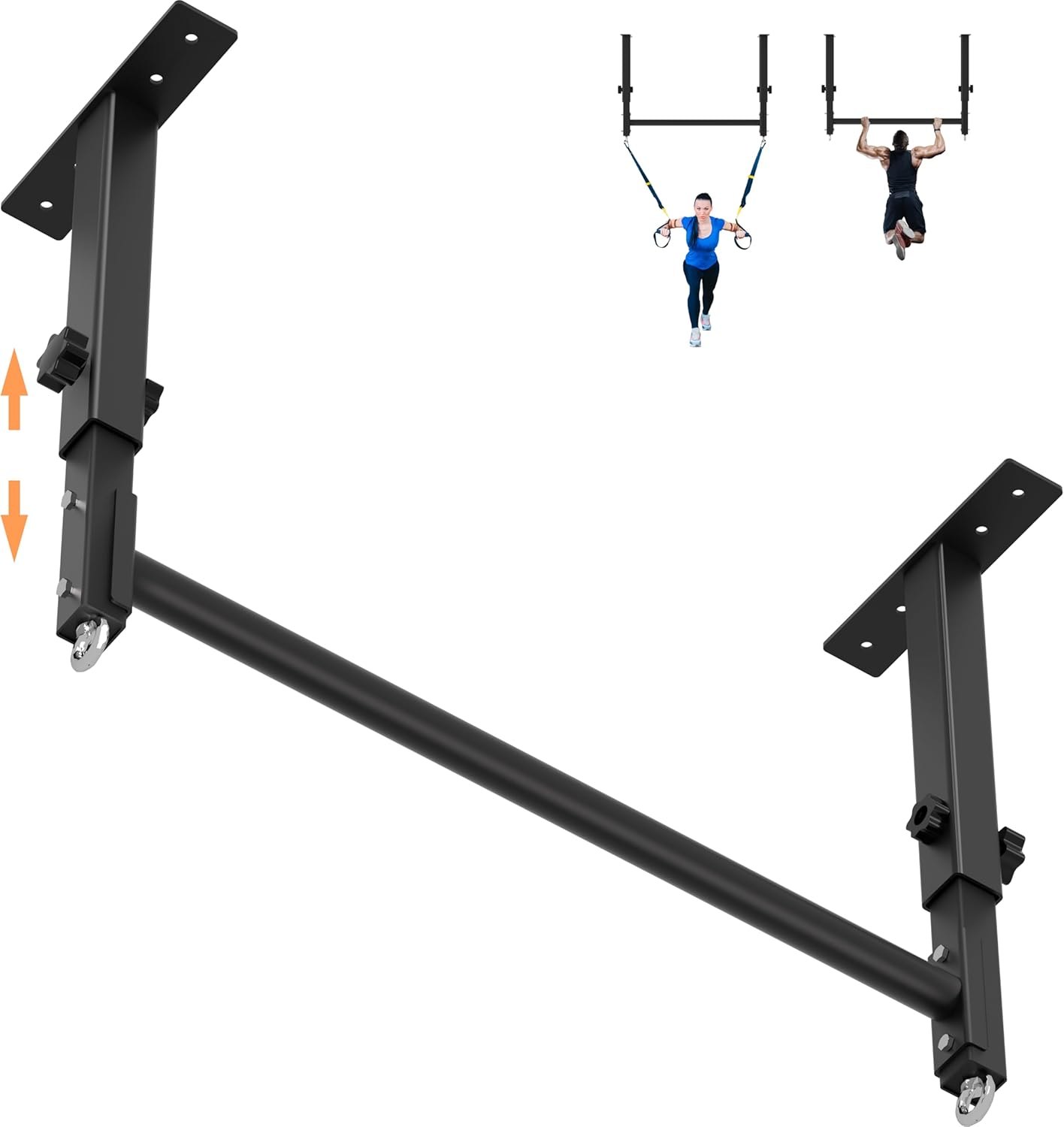 48" Ceiling Mount Pull Up Bar, Heavy Duty Multi- Grip Rafter Chin Up Bar for Garage/Basement/Backyard Ceiling Beam, Adjustable Height&Supports to 650 Lbs Black