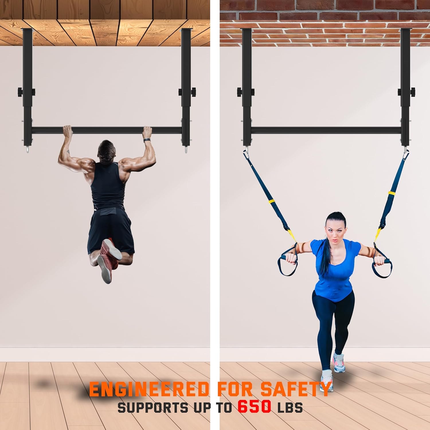 48" Ceiling Mount Pull Up Bar, Heavy Duty Multi- Grip Rafter Chin Up Bar for Garage/Basement/Backyard Ceiling Beam, Adjustable Height&Supports to 650 Lbs Black — photo 2