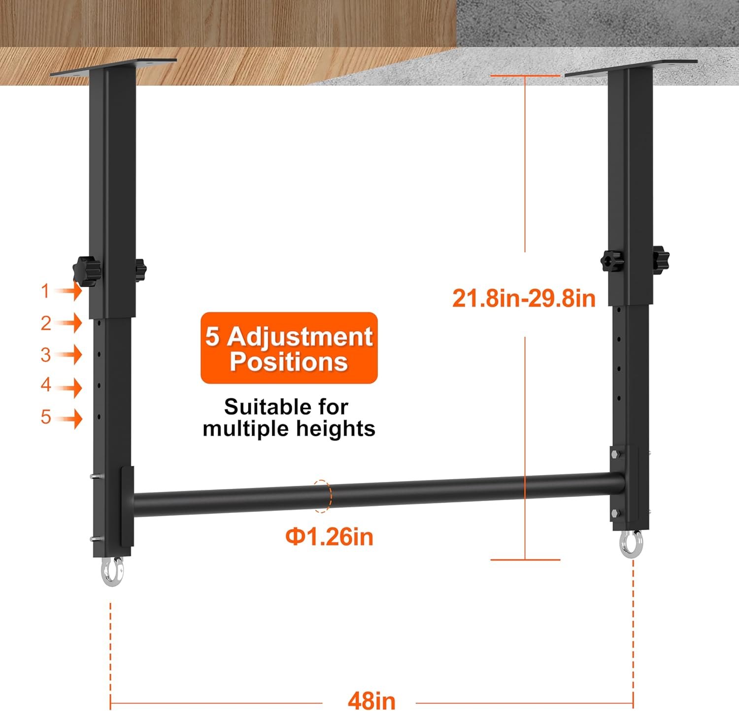 48" Ceiling Mount Pull Up Bar, Heavy Duty Multi- Grip Rafter Chin Up Bar for Garage/Basement/Backyard Ceiling Beam, Adjustable Height&Supports to 650 Lbs Black — photo 3