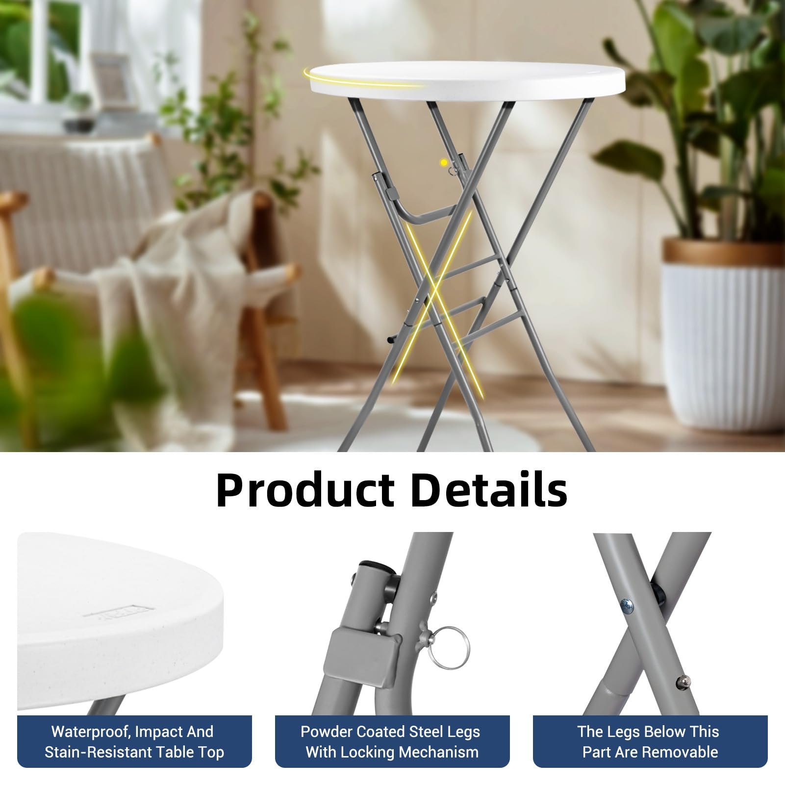 28in Cocktail Table White High Top Folding, Round Portable Bar Height Folding Table with Removable Legs, Indoor Outdoor Banquet for Parties, Commercial, Speech, School — photo 4