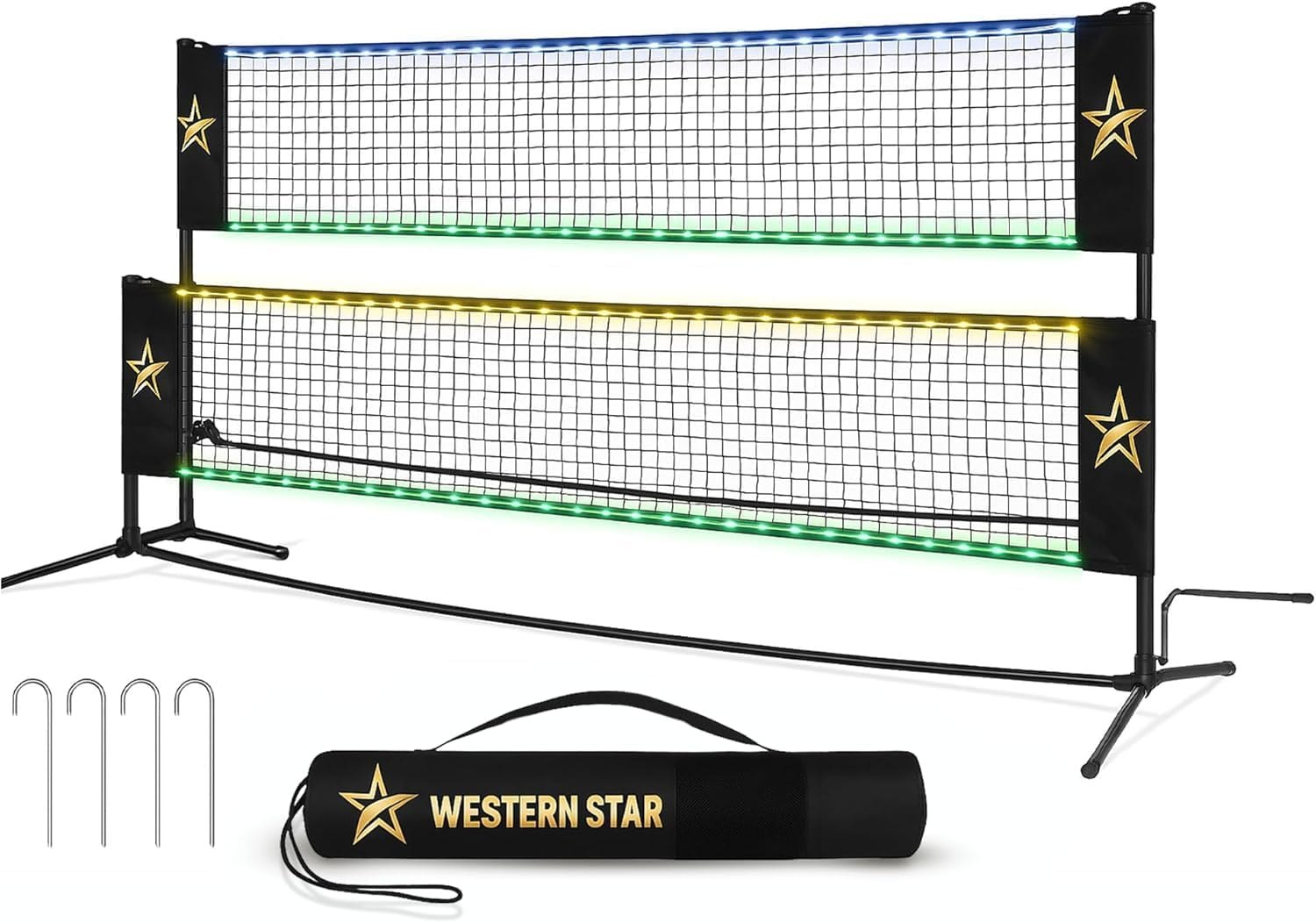 Western Star Portable Net - LED Light-Up Pickleball/Volleyball/Badminton Fun - Portable Sports Net for Backyard/Outdoor - Battery-Powered Lights - Light Up and Play