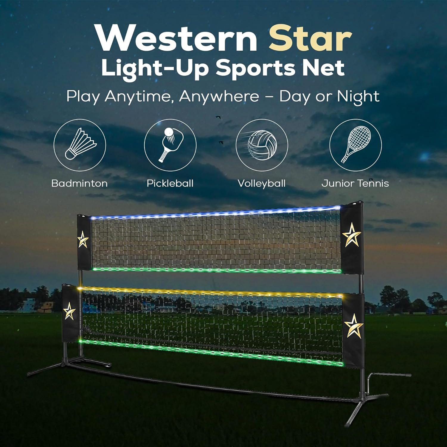 Western Star Portable Net - LED Light-Up Pickleball/Volleyball/Badminton Fun - Portable Sports Net for Backyard/Outdoor - Battery-Powered Lights - Light Up and Play — photo 2