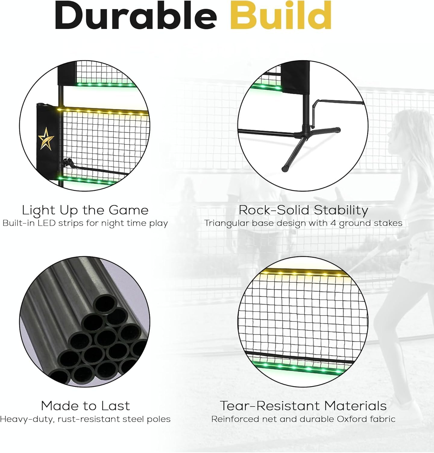 Western Star Portable Net - LED Light-Up Pickleball/Volleyball/Badminton Fun - Portable Sports Net for Backyard/Outdoor - Battery-Powered Lights - Light Up and Play — photo 4