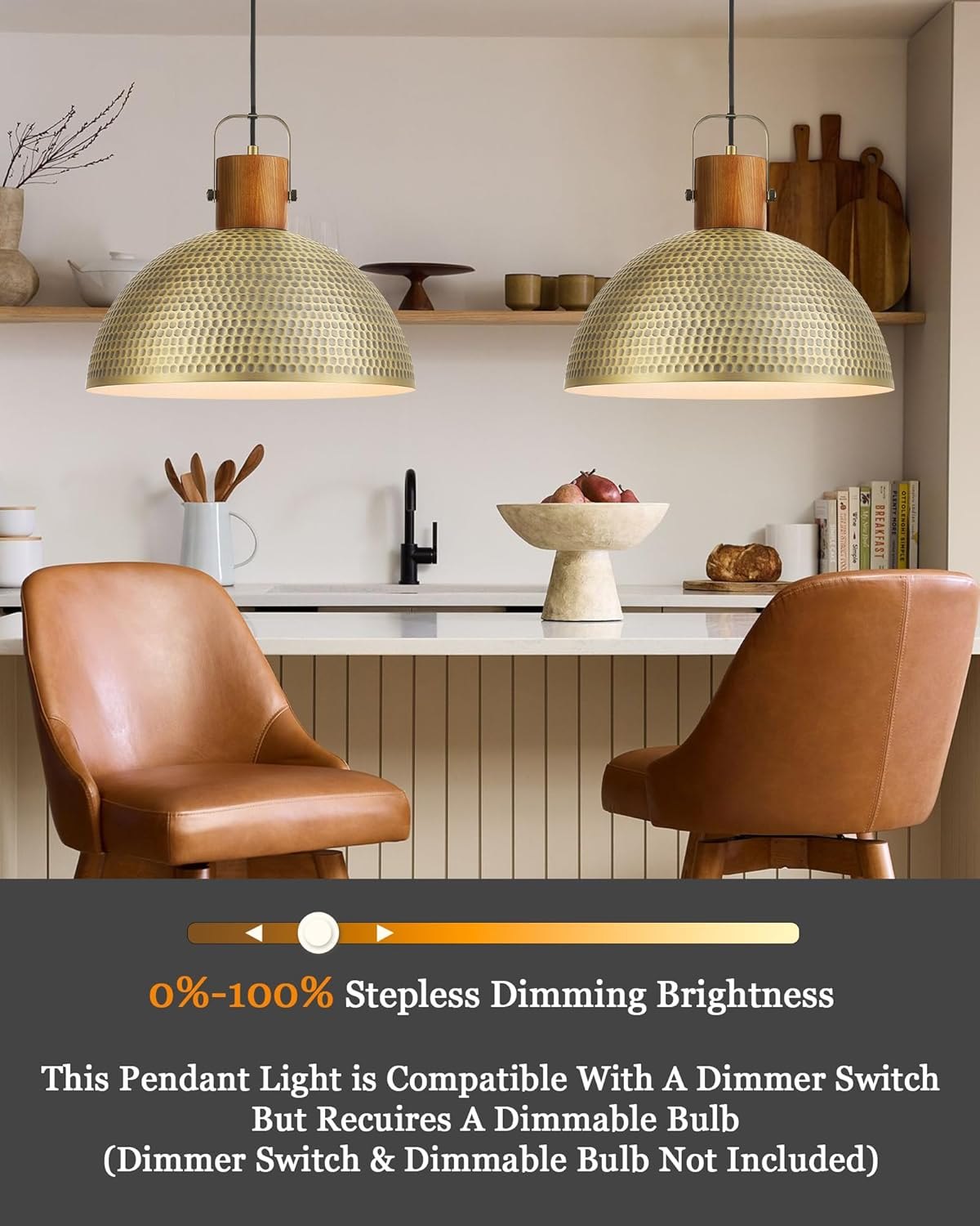 ELYONA 16 Inch Large Hammered Pendant Light Fixtures Ash Wood Vintage Dome Hanging Lamp Antique Gold Metal Kitchen Chandelier for Island, Farmhouse Dining Room Living Room Hallway Brushed Brass Brass - 1 Pack — photo 2