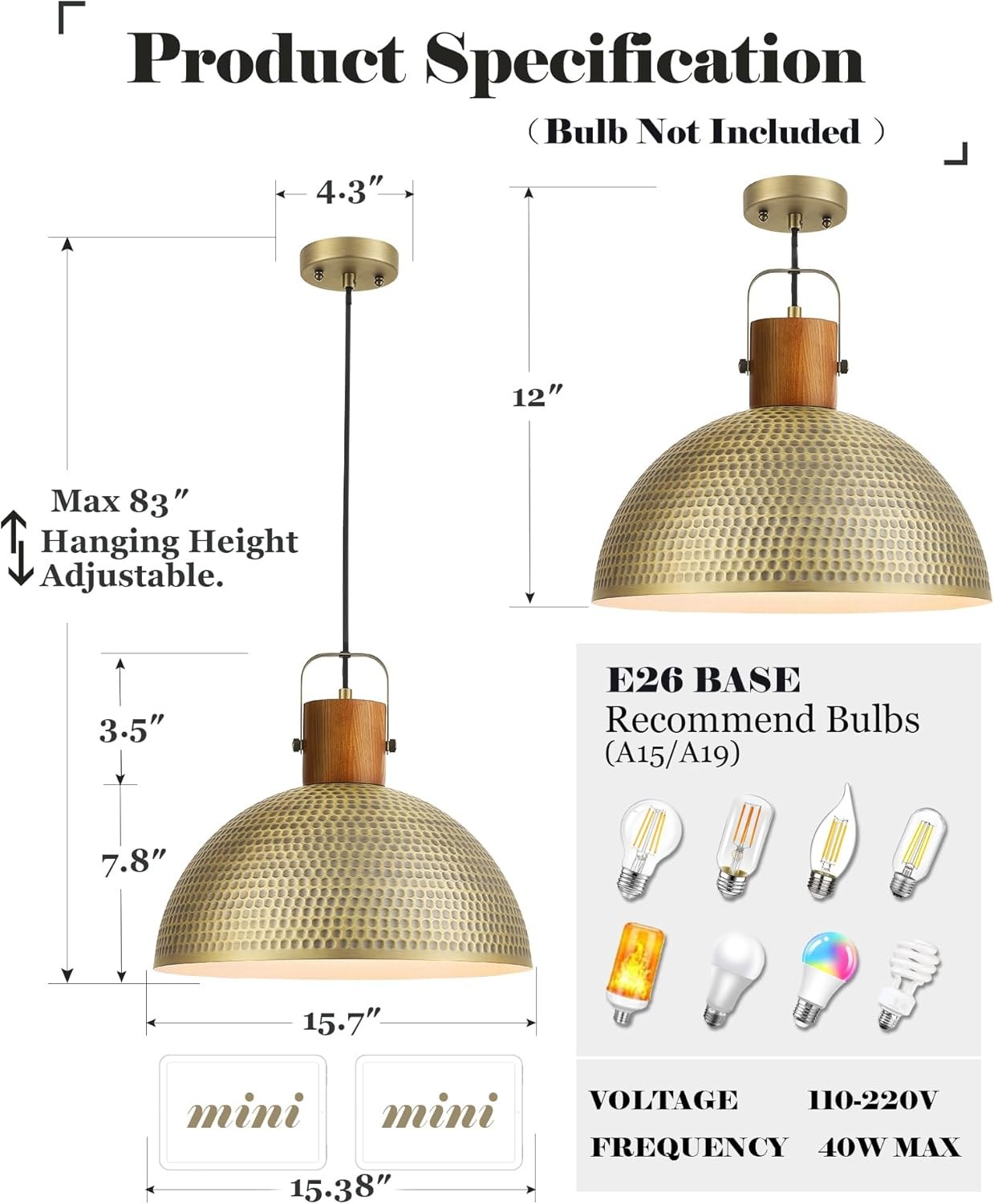 ELYONA 16 Inch Large Hammered Pendant Light Fixtures Ash Wood Vintage Dome Hanging Lamp Antique Gold Metal Kitchen Chandelier for Island, Farmhouse Dining Room Living Room Hallway Brushed Brass Brass - 1 Pack — photo 3