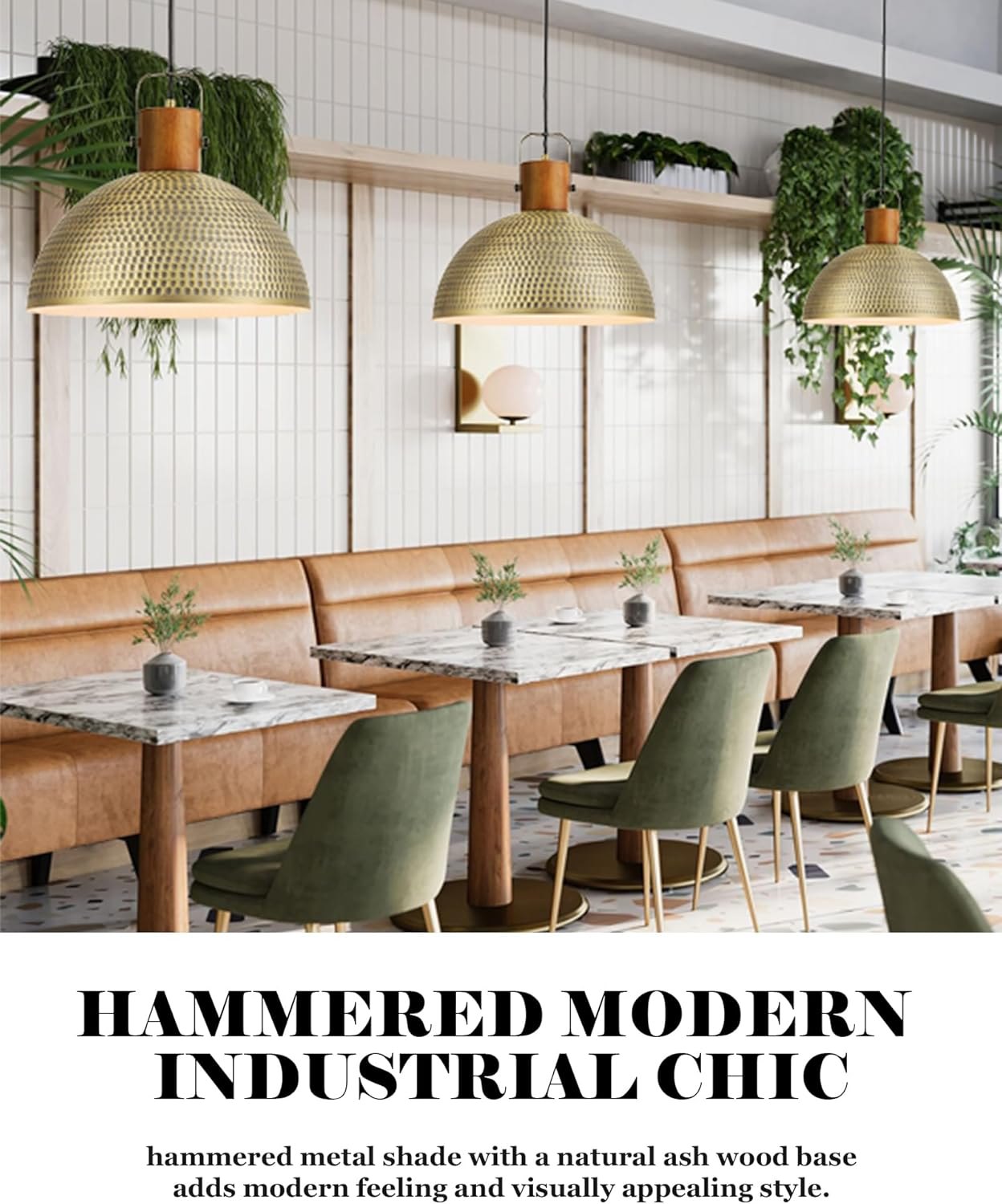 ELYONA 16 Inch Large Hammered Pendant Light Fixtures Ash Wood Vintage Dome Hanging Lamp Antique Gold Metal Kitchen Chandelier for Island, Farmhouse Dining Room Living Room Hallway Brushed Brass Brass - 1 Pack — photo 6