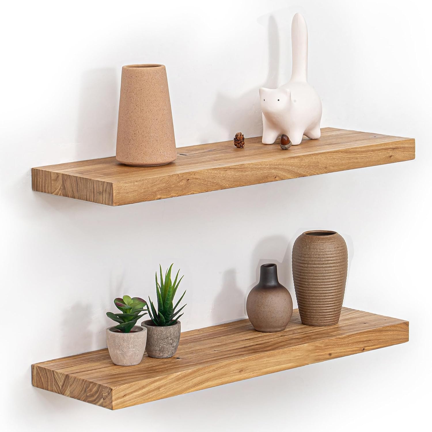 Fun Memories Floating Shelves for Wall, 24"x9.3" Rustic Solid Elm Wood Shelves, Heavy-Duty Wall Mounted Shelves with Invisible Brackets, Set of 2 for Living Room, Bedroom, Kitchen, Natural Finish Natural Finish Flat Edge, 24"W, 2Packs