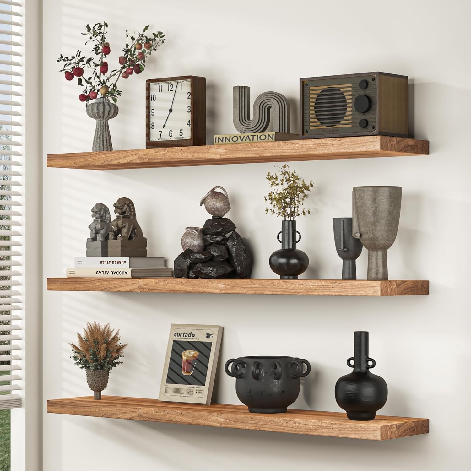 Fun Memories Floating Shelves for Wall, 24"x9.3" Rustic Solid Elm Wood Shelves, Heavy-Duty Wall Mounted Shelves with Invisible Brackets, Set of 2 for Living Room, Bedroom, Kitchen, Natural Finish Natural Finish Flat Edge, 24"W, 2Packs — photo 2